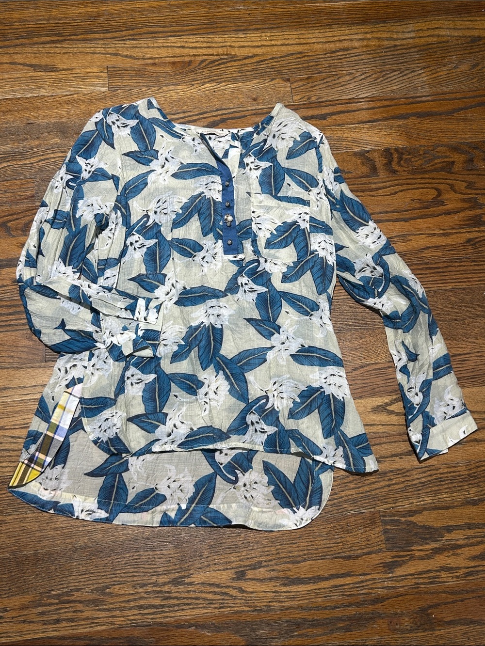 Soft Surroundings Blue Floral Long-Sleeve Henley Blouse